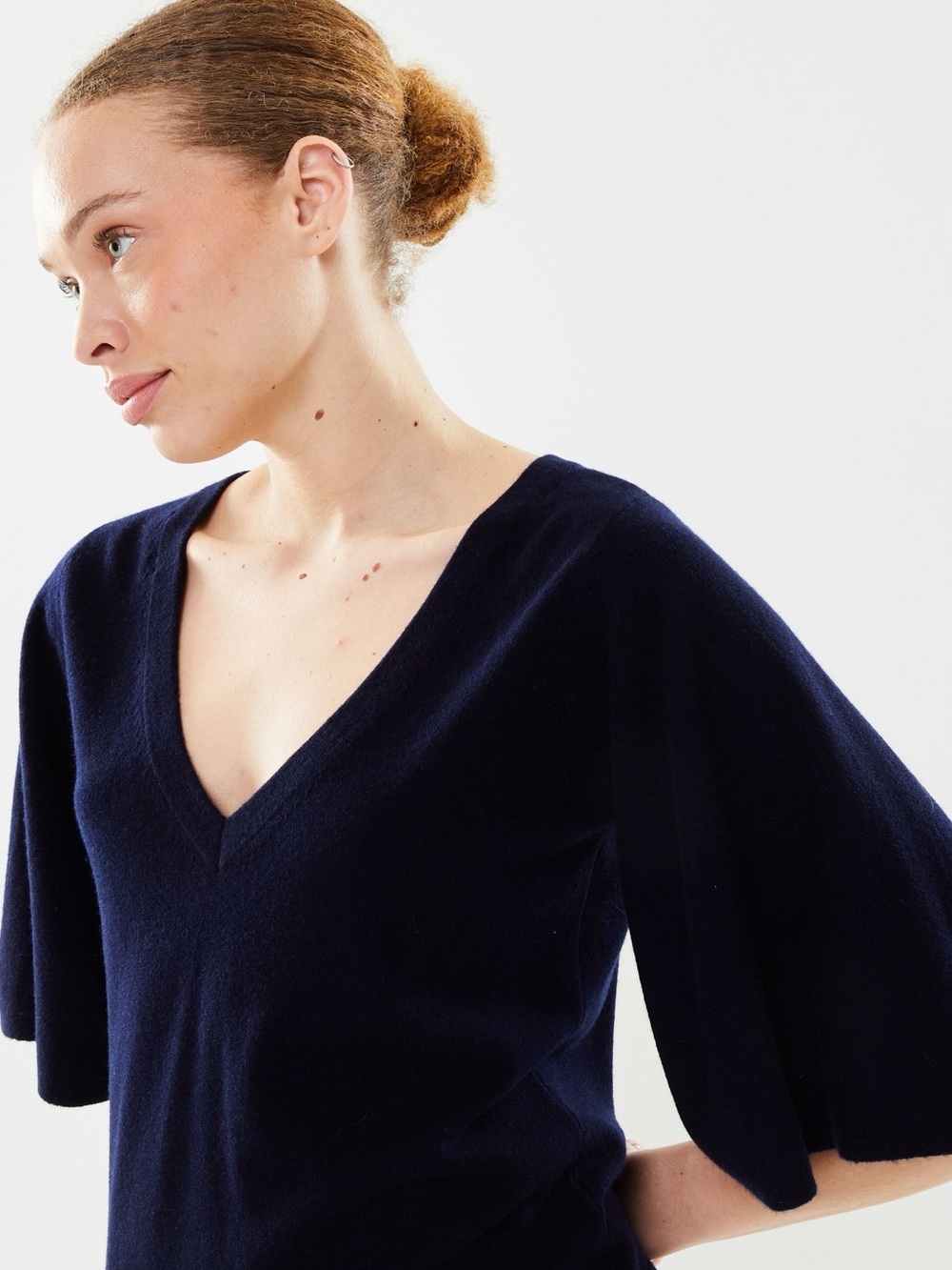 Des Petits Hauts Austral Sweater 100% Wool V Neck Short Bell Sleeve Navy size